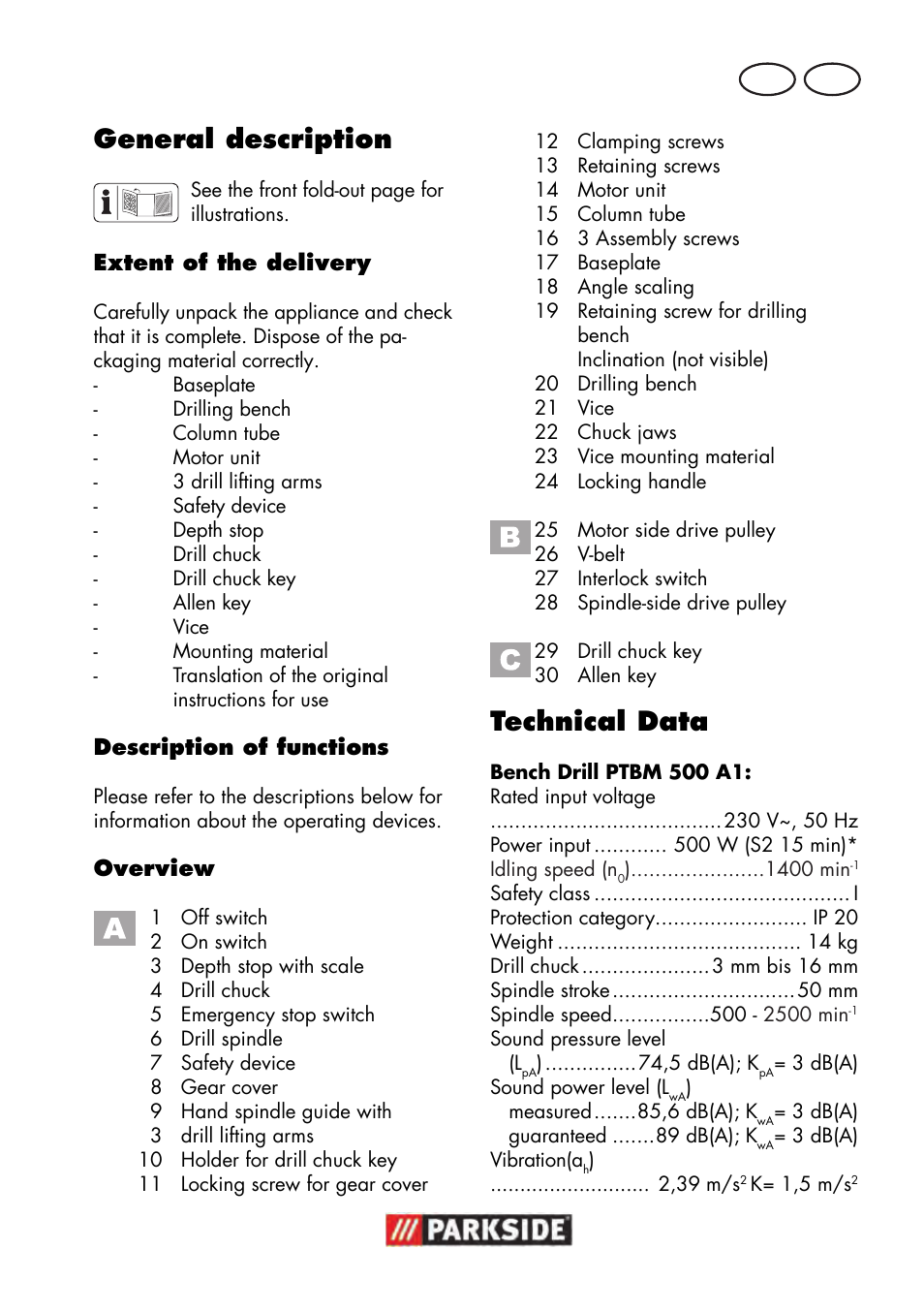 General description, Technical data, Mt gb | Parkside PTBM 500 A1 User Manual | Page 53 / 90