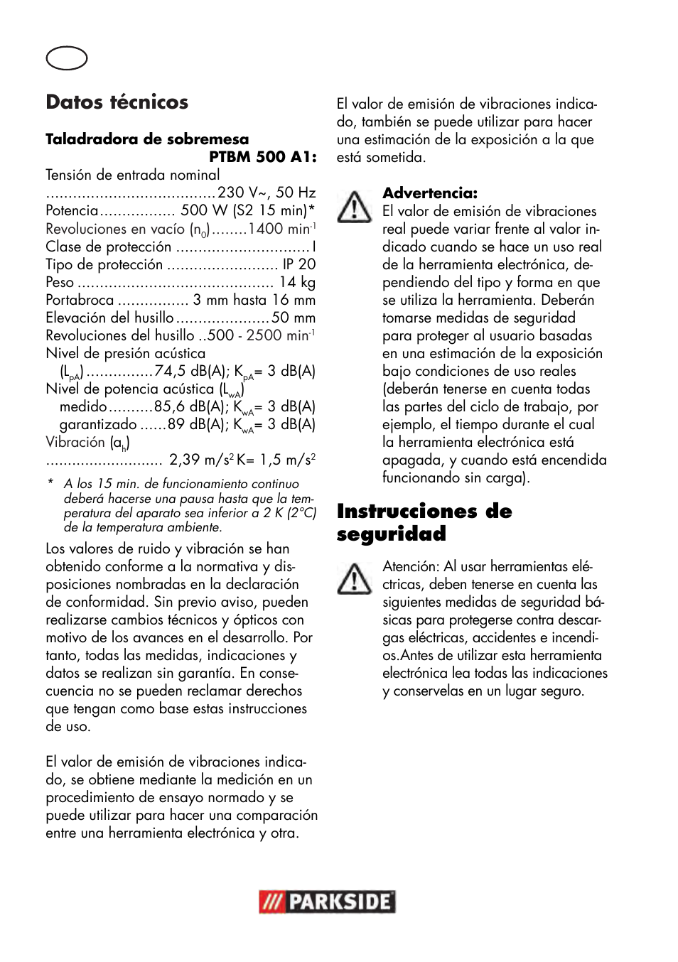 Datos técnicos, Instrucciones de seguridad | Parkside PTBM 500 A1 User Manual | Page 6 / 90