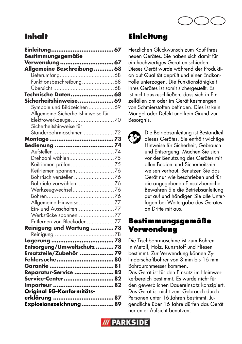 Inhalt, Einleitung, Bestimmungsgemäße verwendung | De at ch | Parkside PTBM 500 A1 User Manual | Page 67 / 90