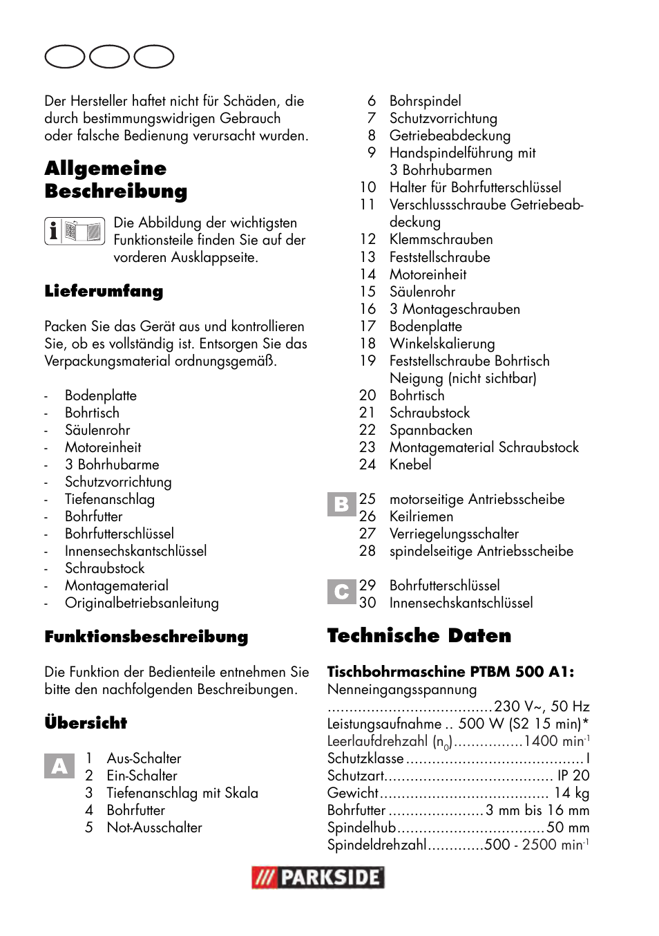 Allgemeine beschreibung, Technische daten, De at ch | Parkside PTBM 500 A1 User Manual | Page 68 / 90