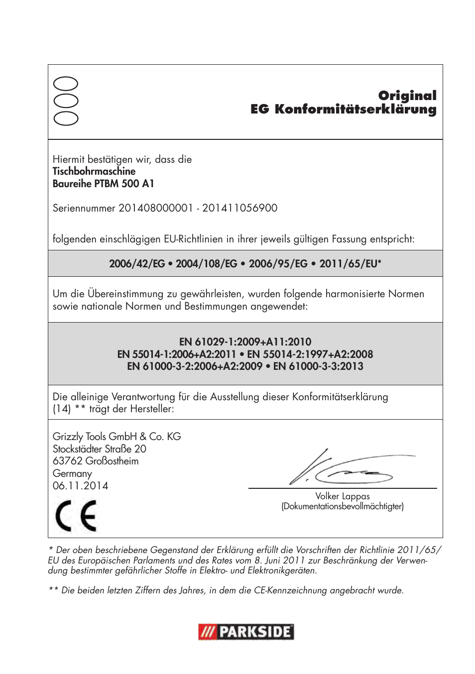 Original eg konformitätserklärung | Parkside PTBM 500 A1 User Manual | Page 87 / 90