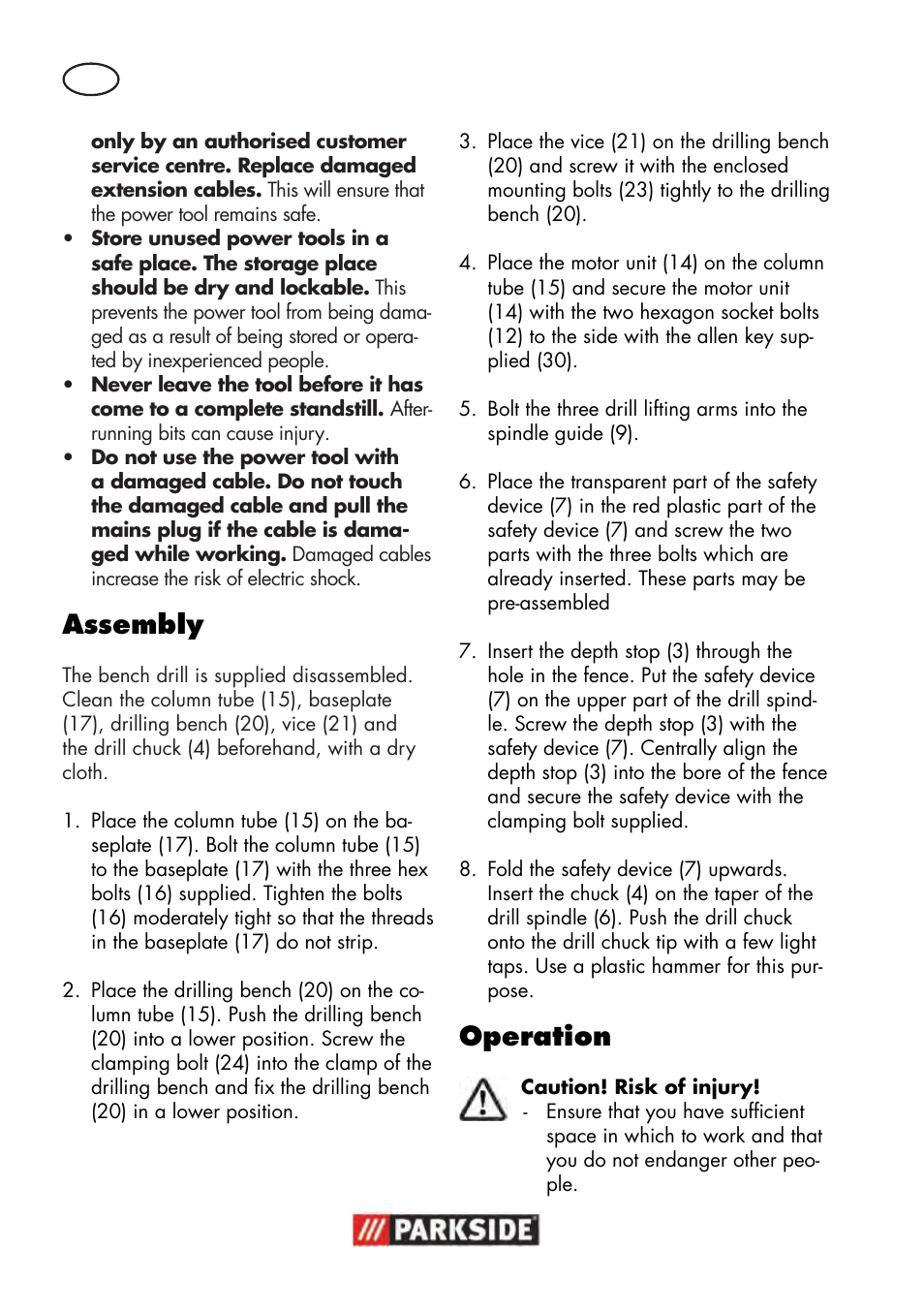 Assembly, Operation | Parkside PTBM 500 A1 User Manual | Page 10 / 122