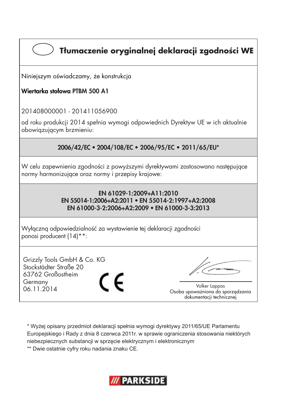 Tłumaczenie oryginalnej deklaracji zgodności we | Parkside PTBM 500 A1 User Manual | Page 114 / 122