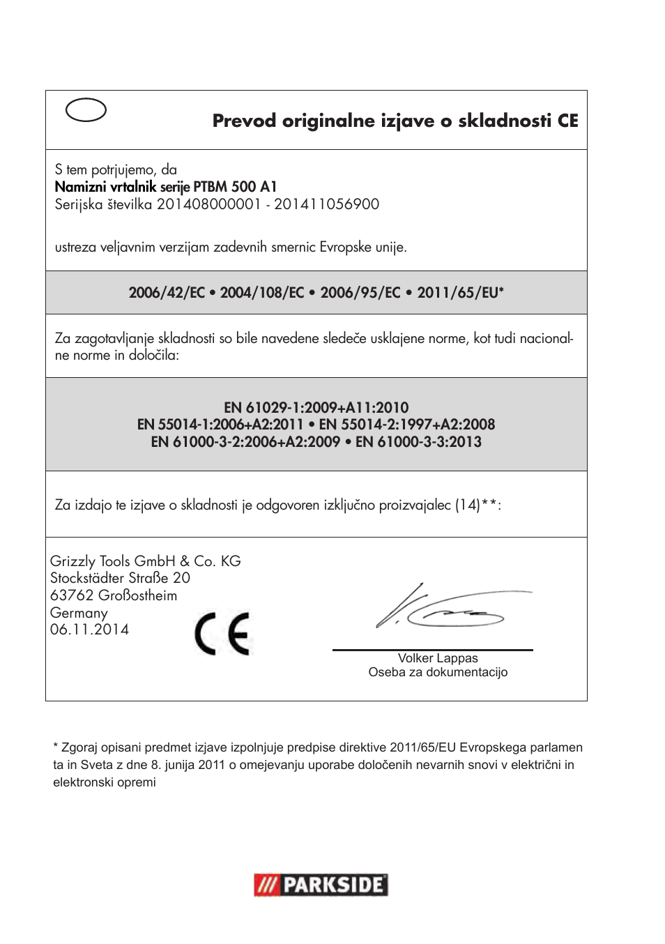 Prevod originalne izjave o skladnosti ce | Parkside PTBM 500 A1 User Manual | Page 116 / 122