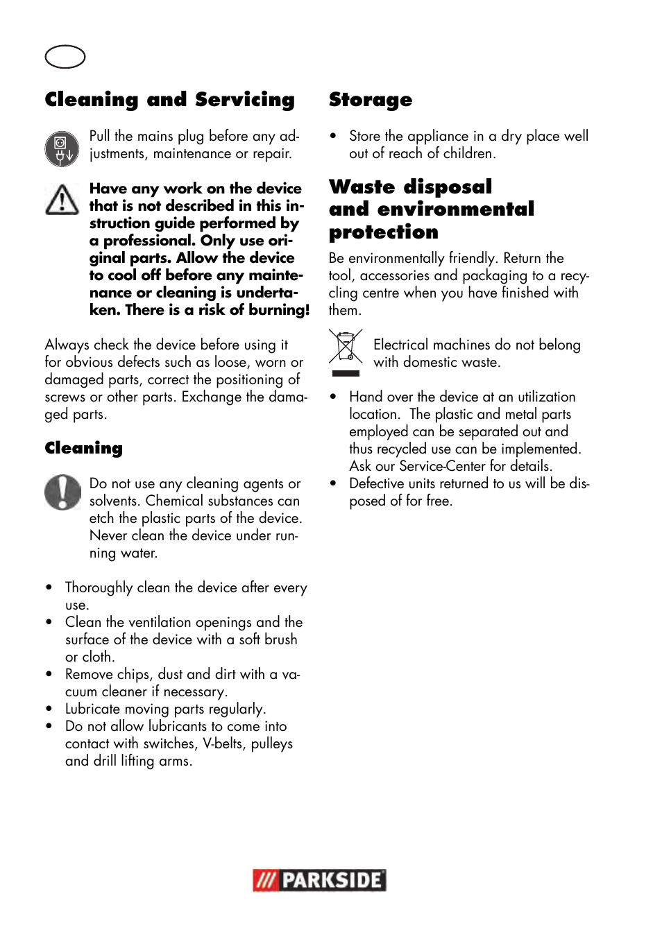 Cleaning and servicing, Storage, Waste disposal and environmental protection | Parkside PTBM 500 A1 User Manual | Page 14 / 122