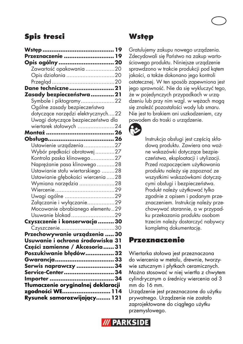 Spis tresci, Wstęp, Przeznaczenie | Parkside PTBM 500 A1 User Manual | Page 19 / 122