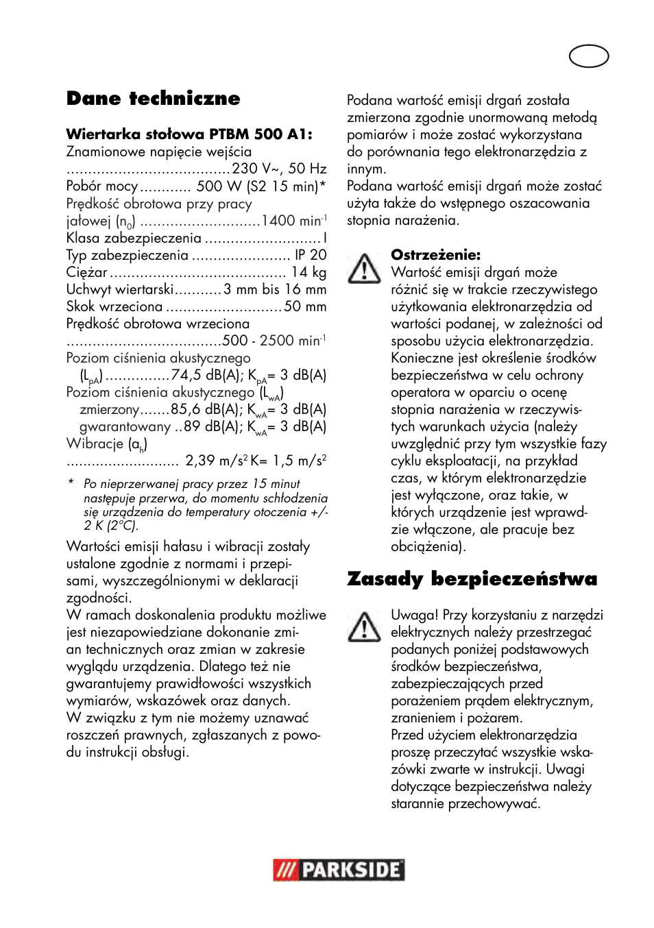 Dane techniczne, Zasady bezpieczeństwa | Parkside PTBM 500 A1 User Manual | Page 21 / 122