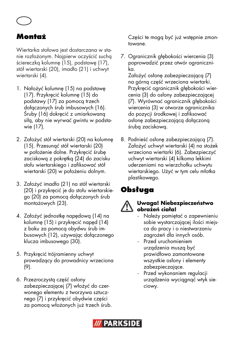 Montaż, Obsługa | Parkside PTBM 500 A1 User Manual | Page 26 / 122