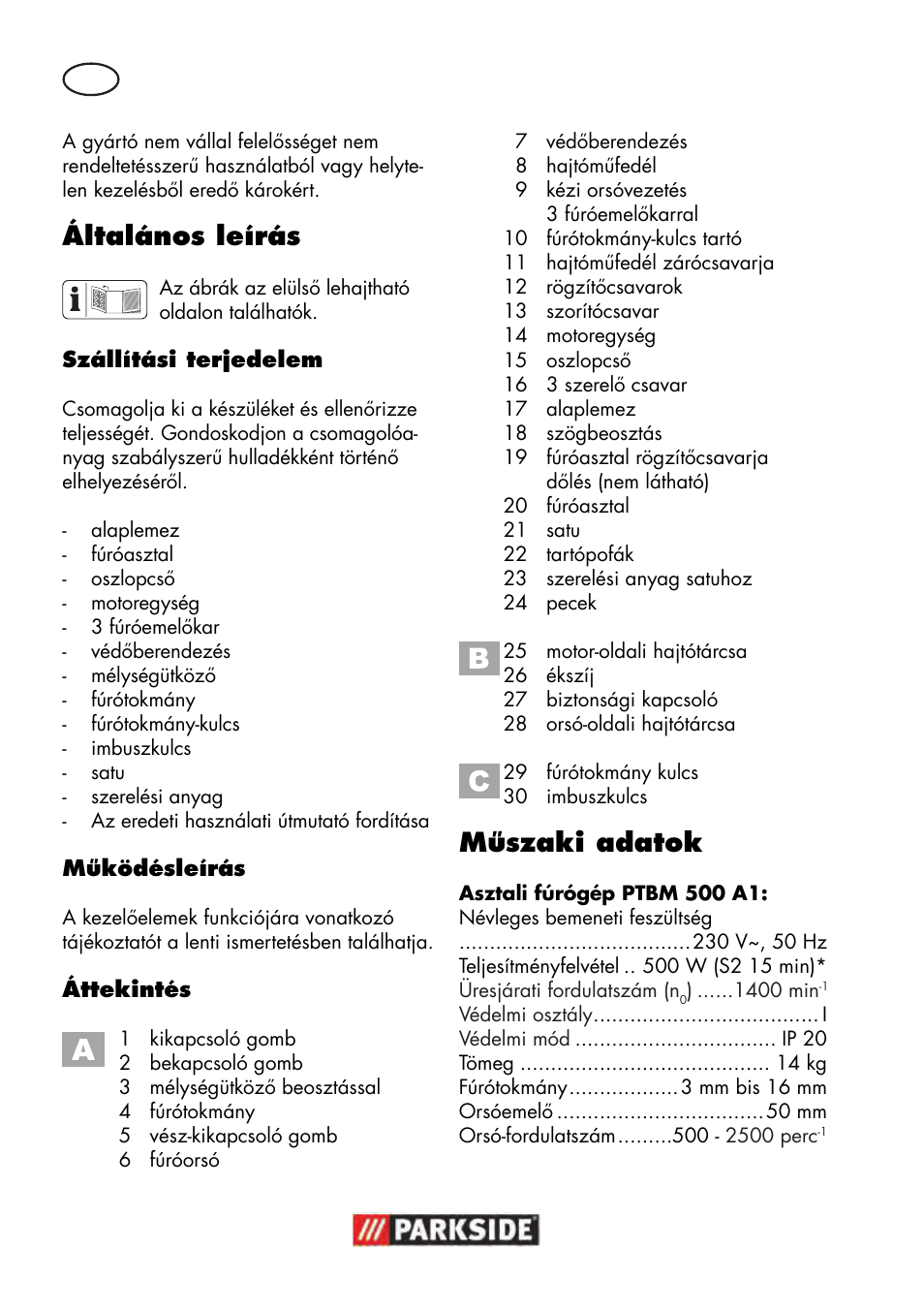 Általános leírás, Műszaki adatok | Parkside PTBM 500 A1 User Manual | Page 36 / 122