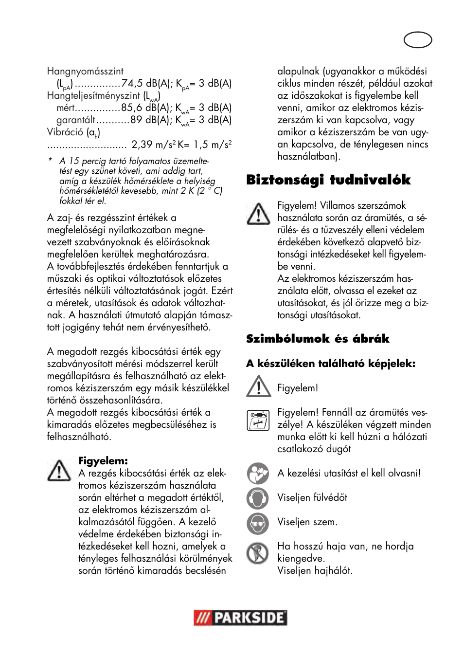 Biztonsági tudnivalók | Parkside PTBM 500 A1 User Manual | Page 37 / 122