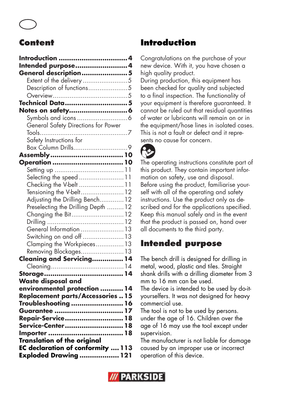 Content, Introduction, Intended purpose | Parkside PTBM 500 A1 User Manual | Page 4 / 122