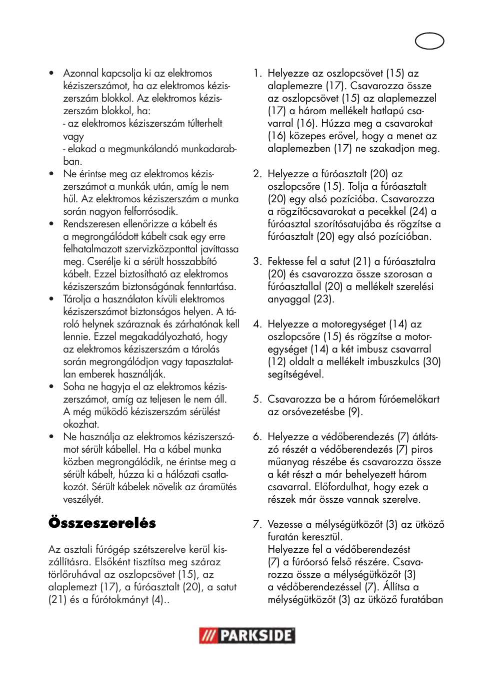 Összeszerelés | Parkside PTBM 500 A1 User Manual | Page 41 / 122