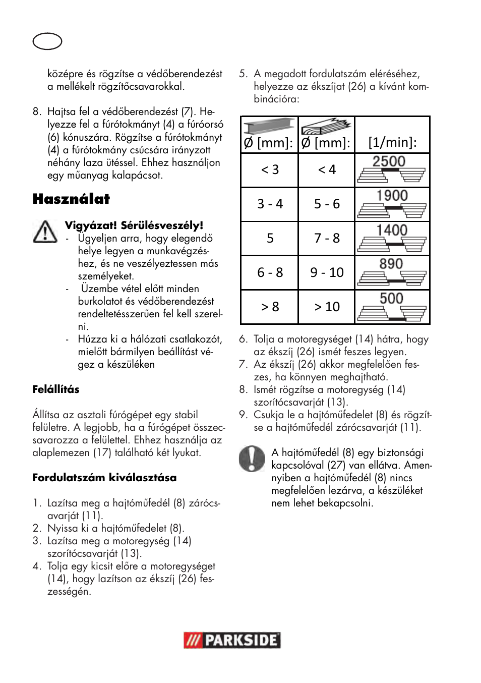 Használat | Parkside PTBM 500 A1 User Manual | Page 42 / 122