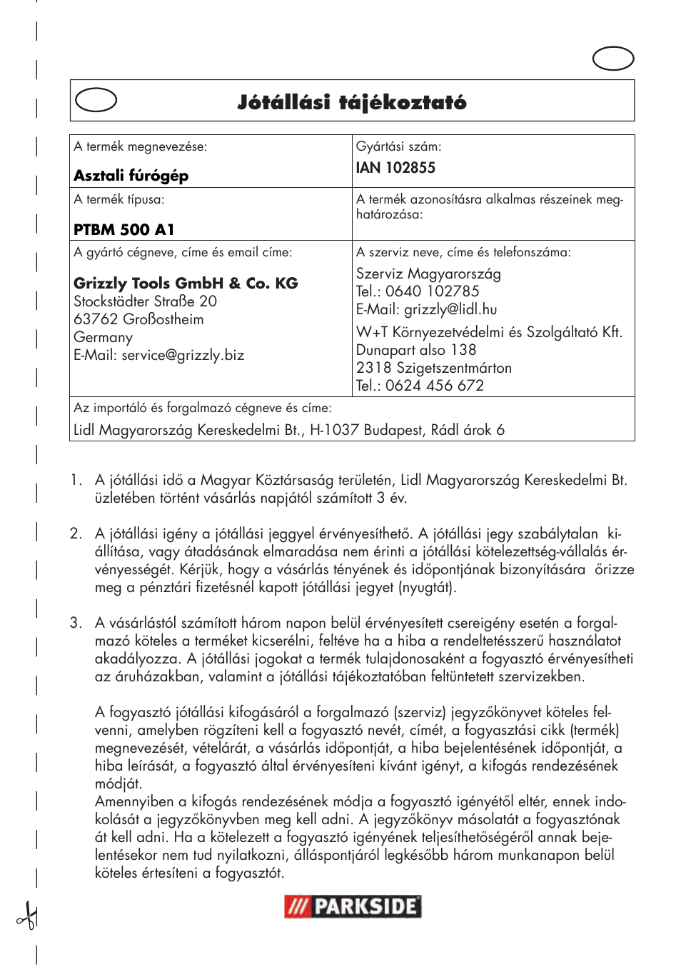 Jótállási tájékoztató | Parkside PTBM 500 A1 User Manual | Page 49 / 122