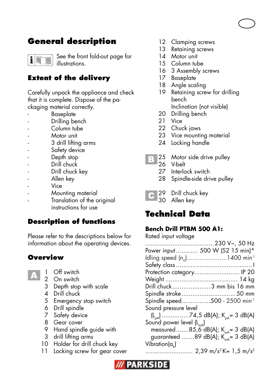 General description, Technical data | Parkside PTBM 500 A1 User Manual | Page 5 / 122