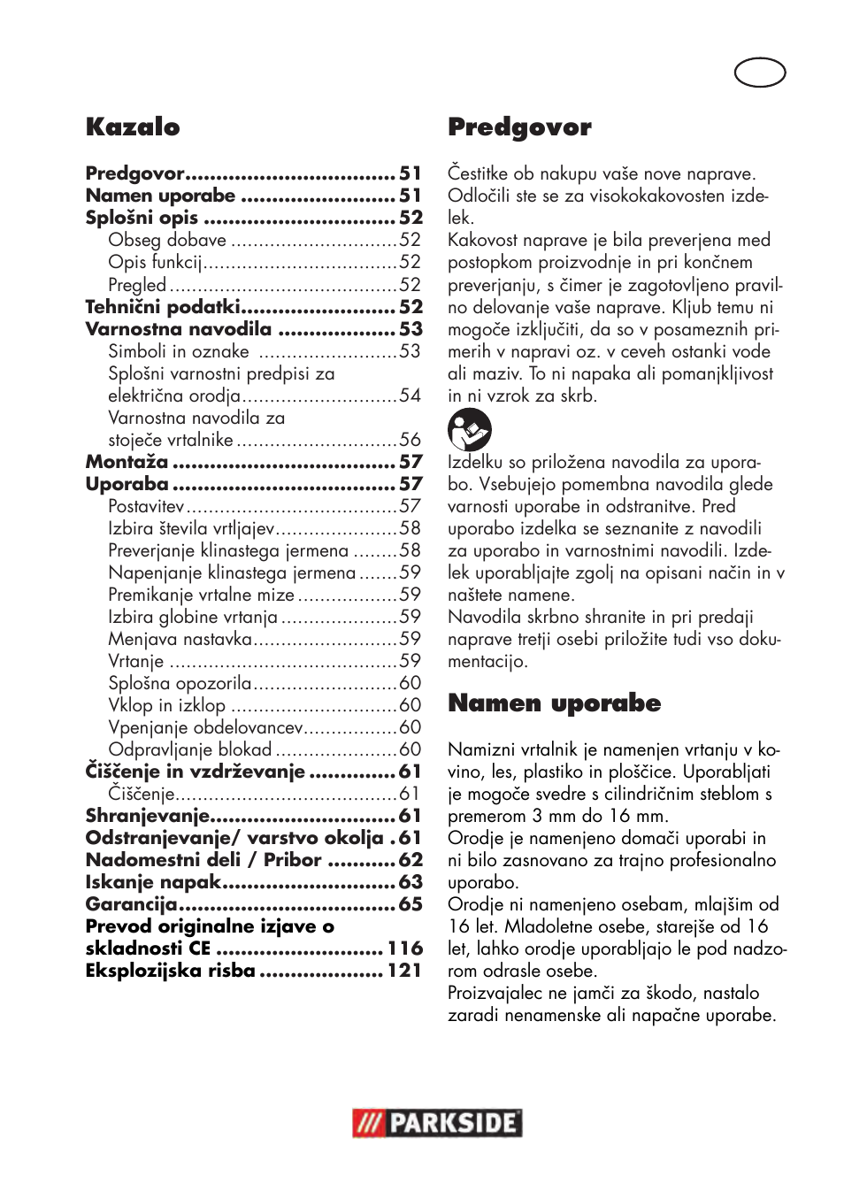 Kazalo, Predgovor, Namen uporabe | Parkside PTBM 500 A1 User Manual | Page 51 / 122