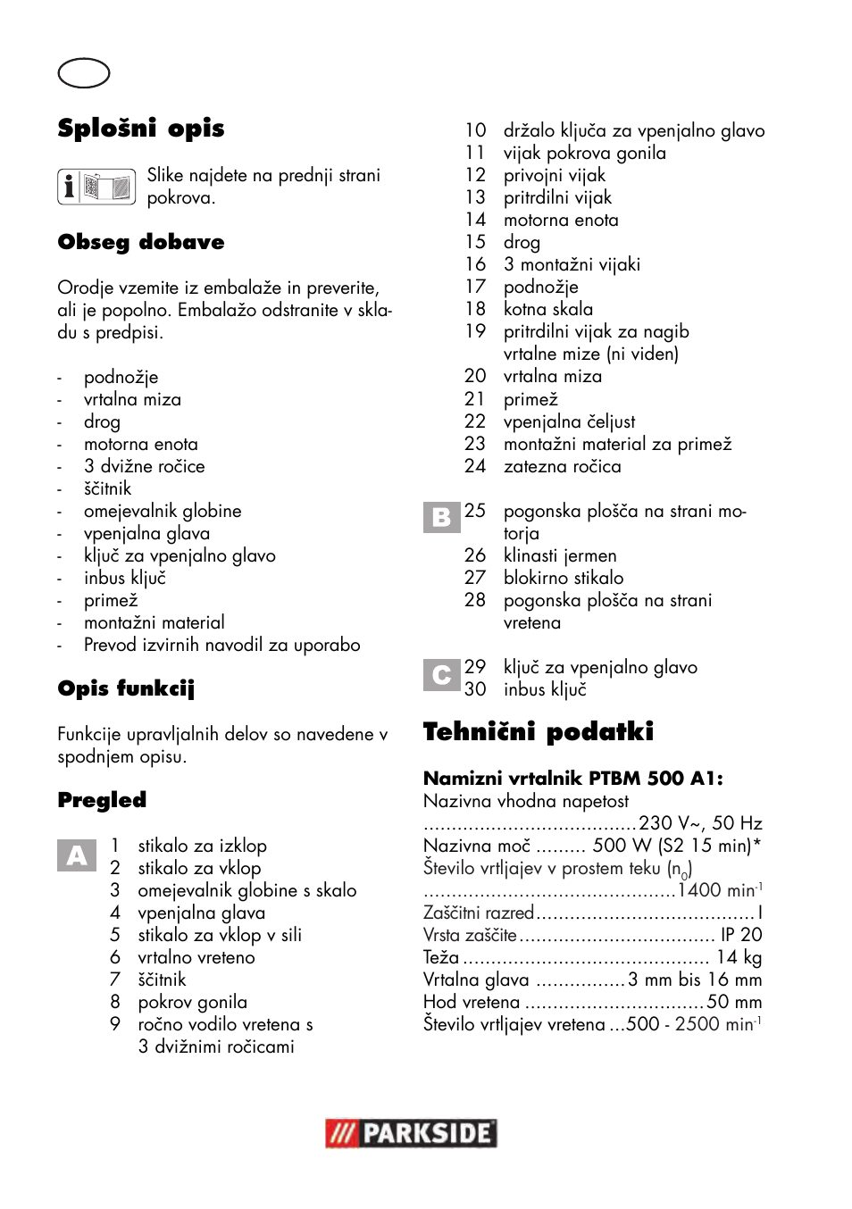 Splošni opis, Tehnični podatki | Parkside PTBM 500 A1 User Manual | Page 52 / 122