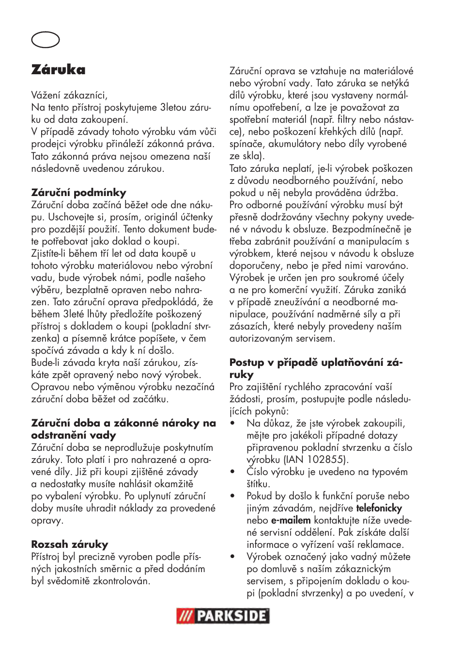 Záruka | Parkside PTBM 500 A1 User Manual | Page 80 / 122