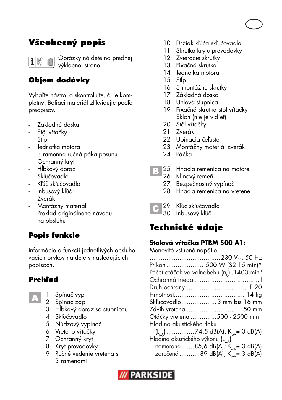 Všeobecný popis, Technické údaje | Parkside PTBM 500 A1 User Manual | Page 83 / 122