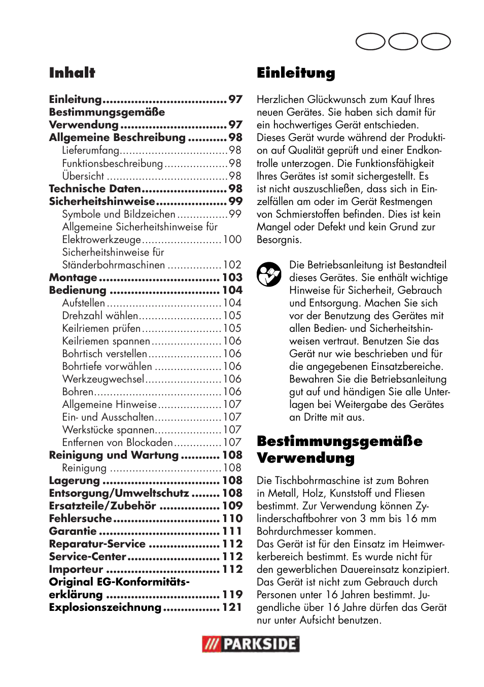 Inhalt, Einleitung, Bestimmungsgemäße verwendung | De at ch | Parkside PTBM 500 A1 User Manual | Page 97 / 122