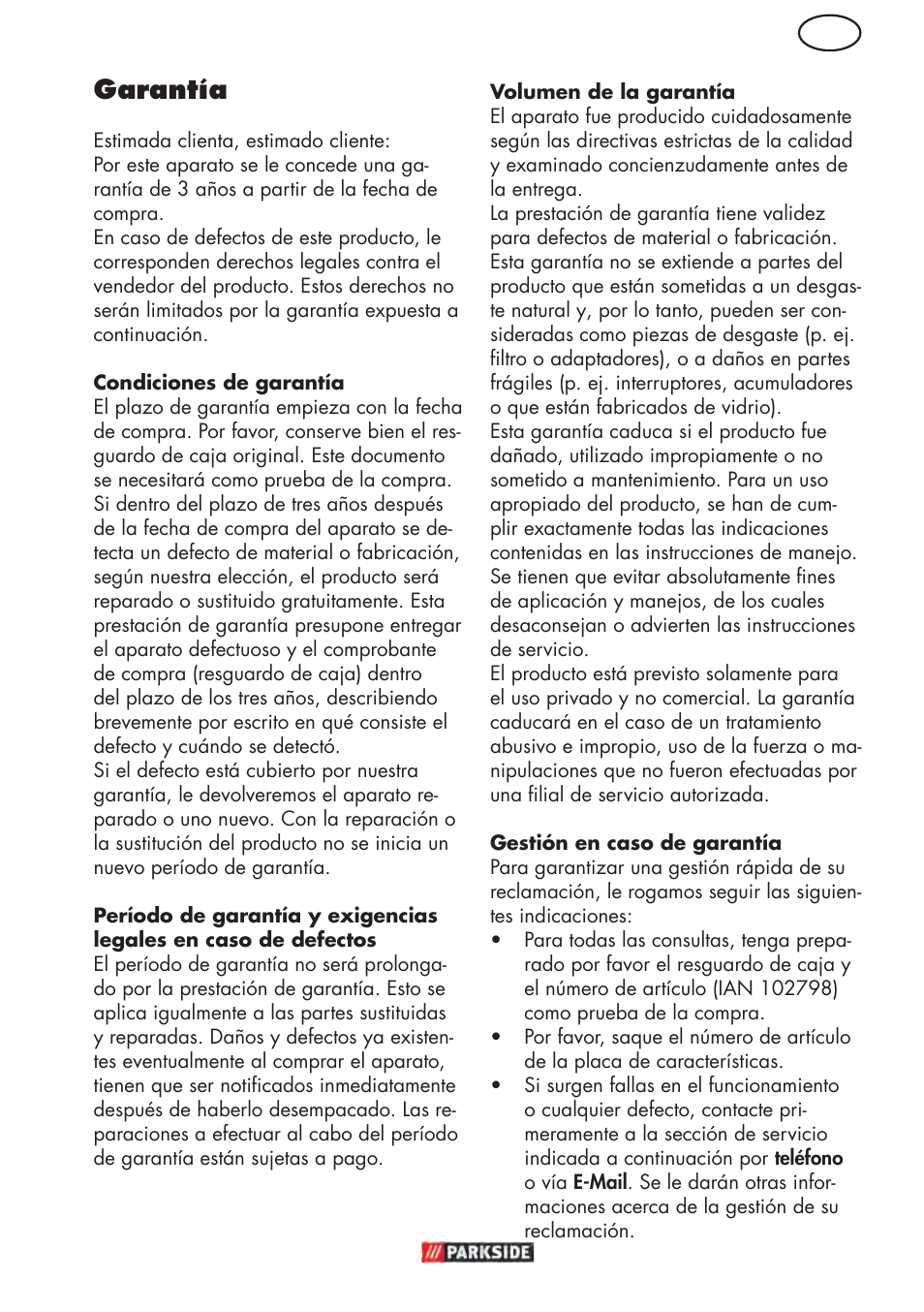 Es garantía | Parkside PHD 150 D3 User Manual | Page 15 / 78