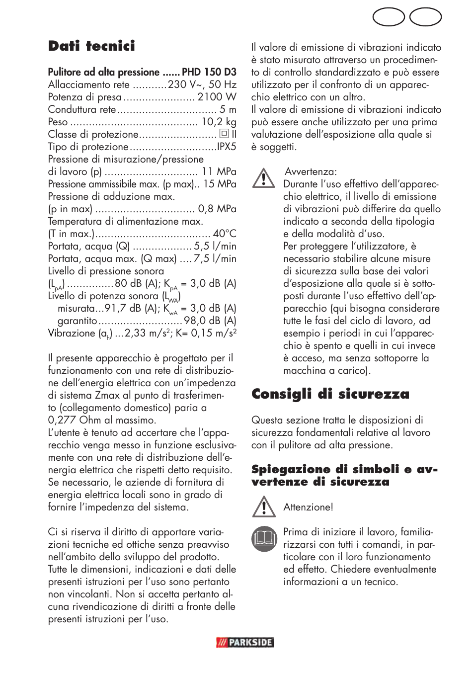 Mt it dati tecnici, Consigli di sicurezza | Parkside PHD 150 D3 User Manual | Page 19 / 78