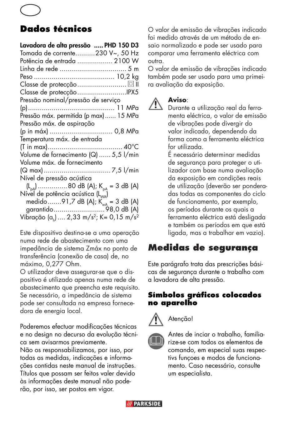 Pt dados técnicos, Medidas de segurança | Parkside PHD 150 D3 User Manual | Page 32 / 78