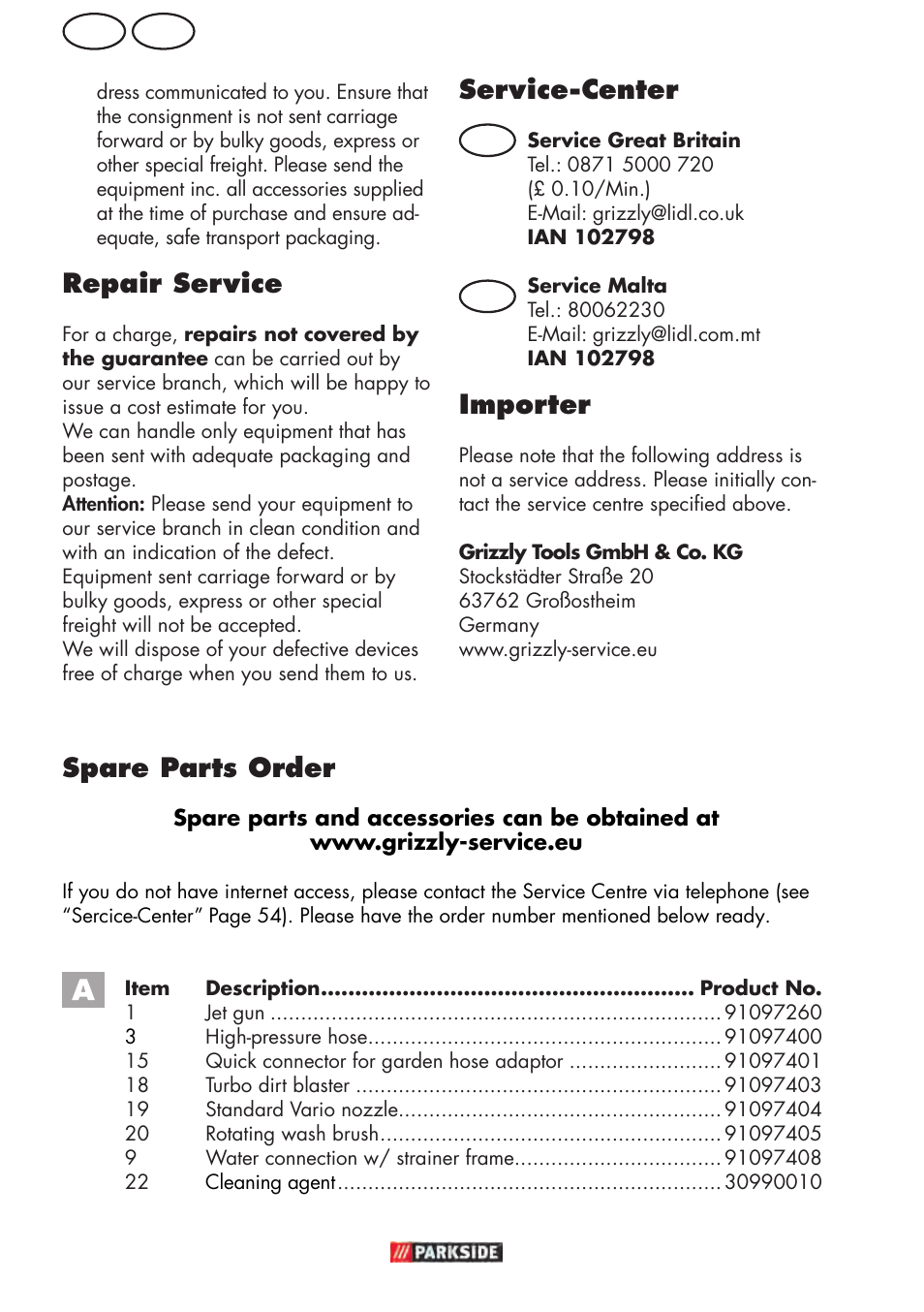Gb mt, Repair service, Service-center | Importer, Spare parts order | Parkside PHD 150 D3 User Manual | Page 54 / 78