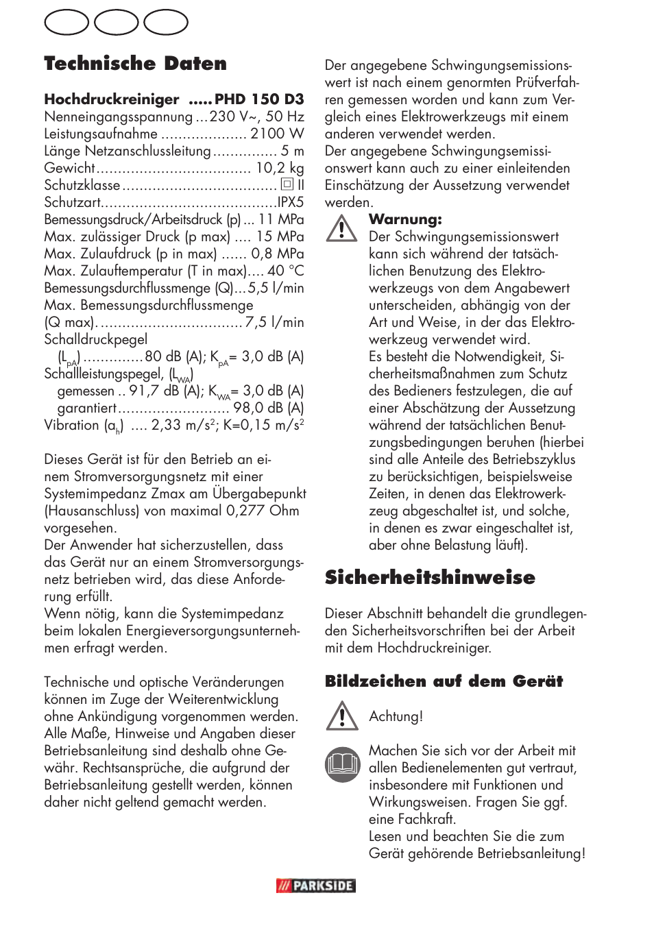 At de ch technische daten, Sicherheitshinweise | Parkside PHD 150 D3 User Manual | Page 58 / 78