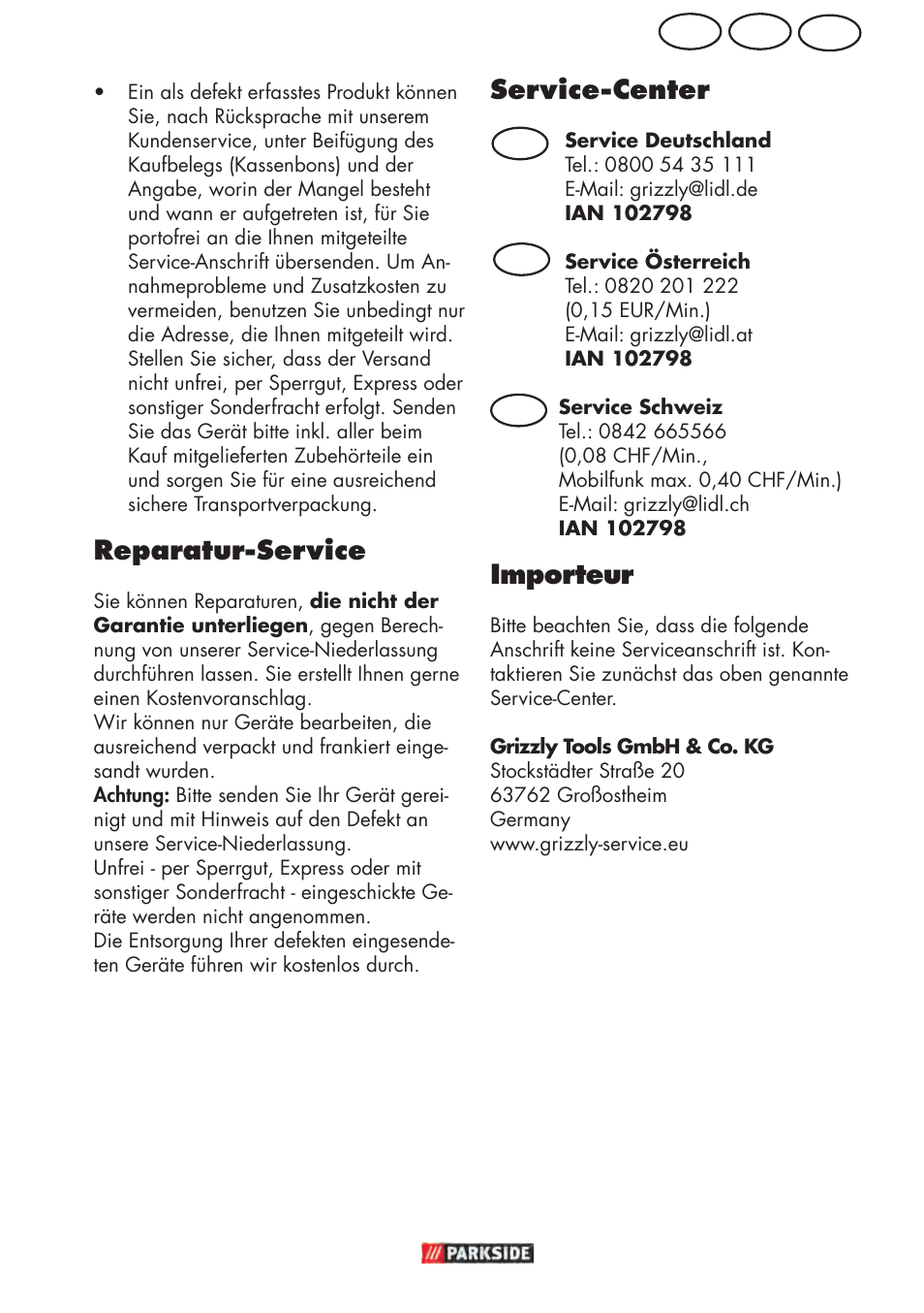 Ch at de, Reparatur-service, Service-center | Importeur | Parkside PHD 150 D3 User Manual | Page 69 / 78