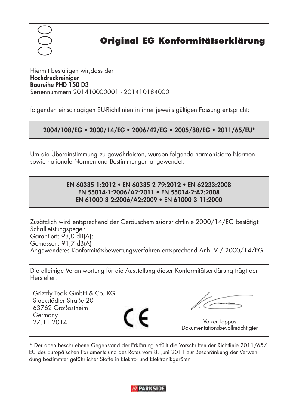 Original eg konformitätserklärung | Parkside PHD 150 D3 User Manual | Page 101 / 102