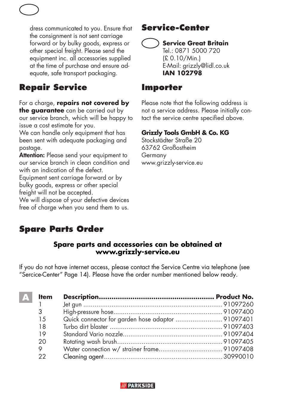 Repair service, Service-center, Importer | Spare parts order | Parkside PHD 150 D3 User Manual | Page 14 / 102
