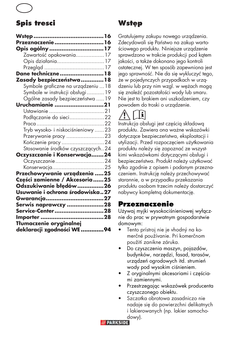 Pl wstęp, Przeznaczenie, Spis tresci | Parkside PHD 150 D3 User Manual | Page 16 / 102