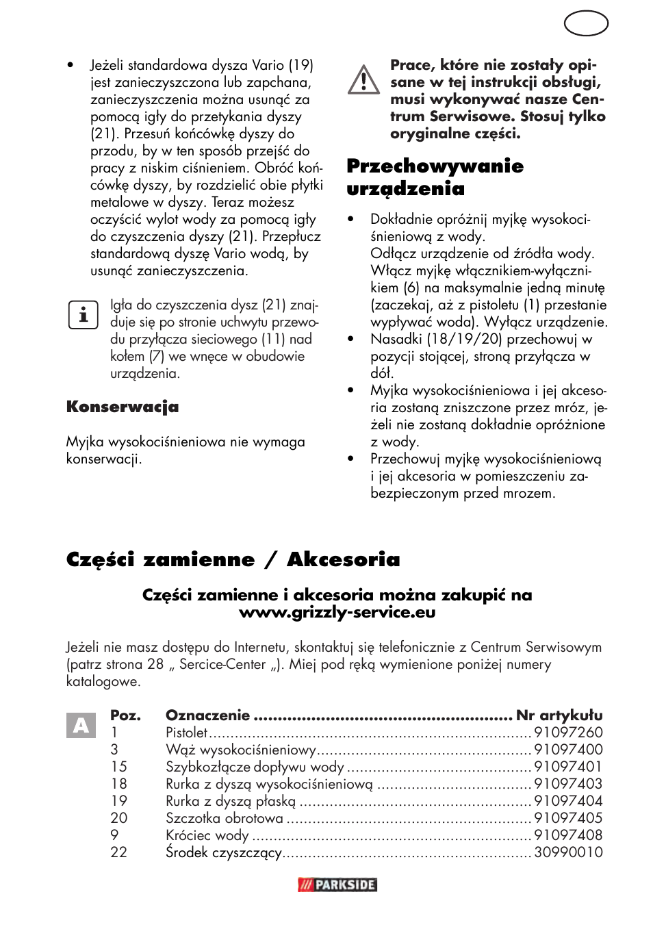 Przechowywanie urządzenia, Części zamienne / akcesoria | Parkside PHD 150 D3 User Manual | Page 25 / 102