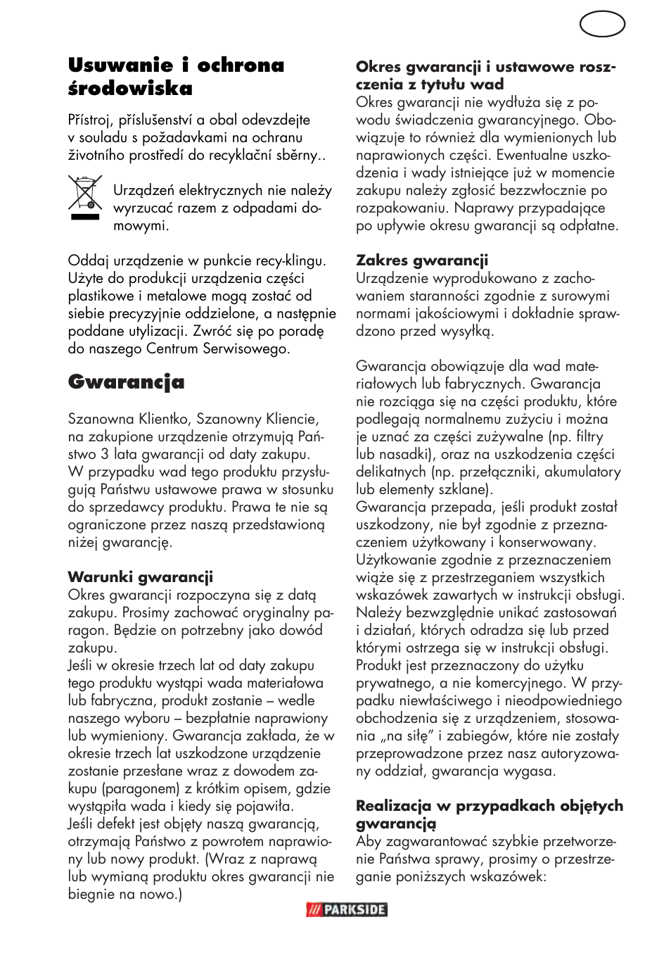 Pl usuwanie i ochrona środowiska, Gwarancja | Parkside PHD 150 D3 User Manual | Page 27 / 102