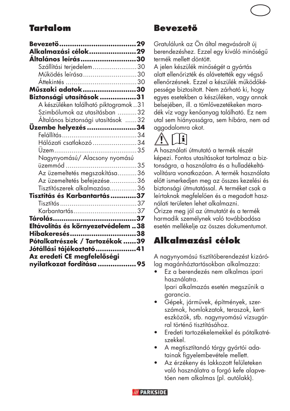 Hu bevezető, Alkalmazási célok, Tartalom | Parkside PHD 150 D3 User Manual | Page 29 / 102