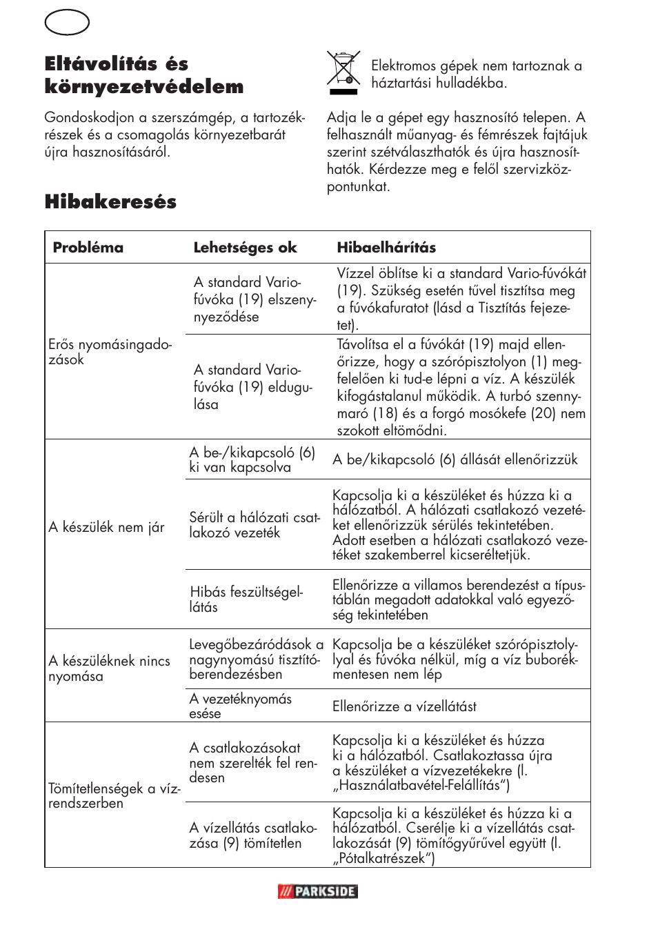Hibakeresés eltávolítás és környezetvédelem | Parkside PHD 150 D3 User Manual | Page 38 / 102