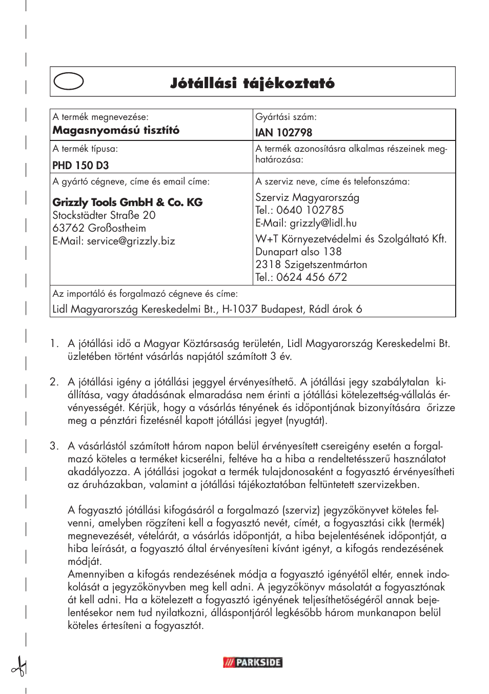 Jótállási tájékoztató | Parkside PHD 150 D3 User Manual | Page 41 / 102