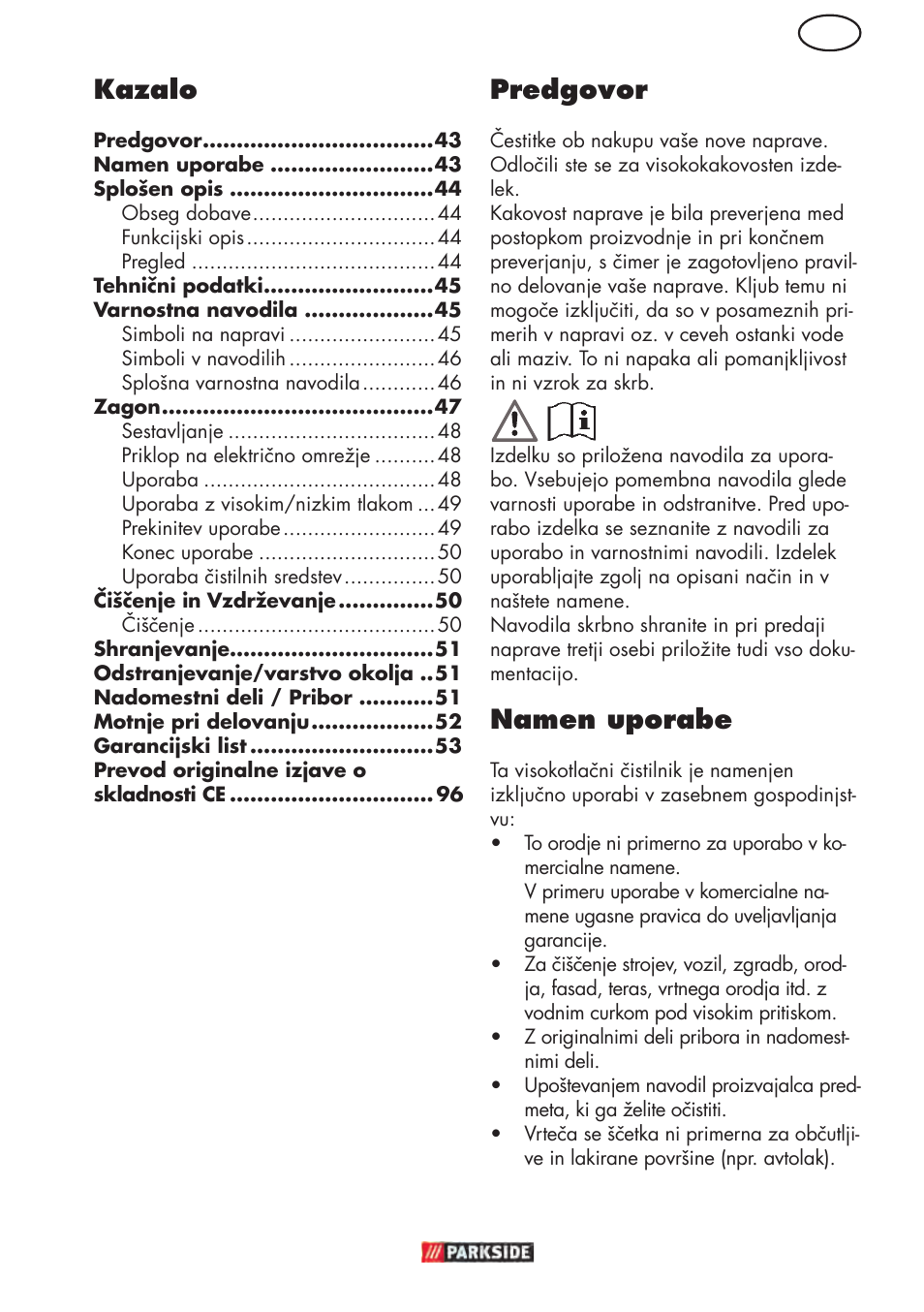 Si predgovor, Namen uporabe, Kazalo | Parkside PHD 150 D3 User Manual | Page 43 / 102