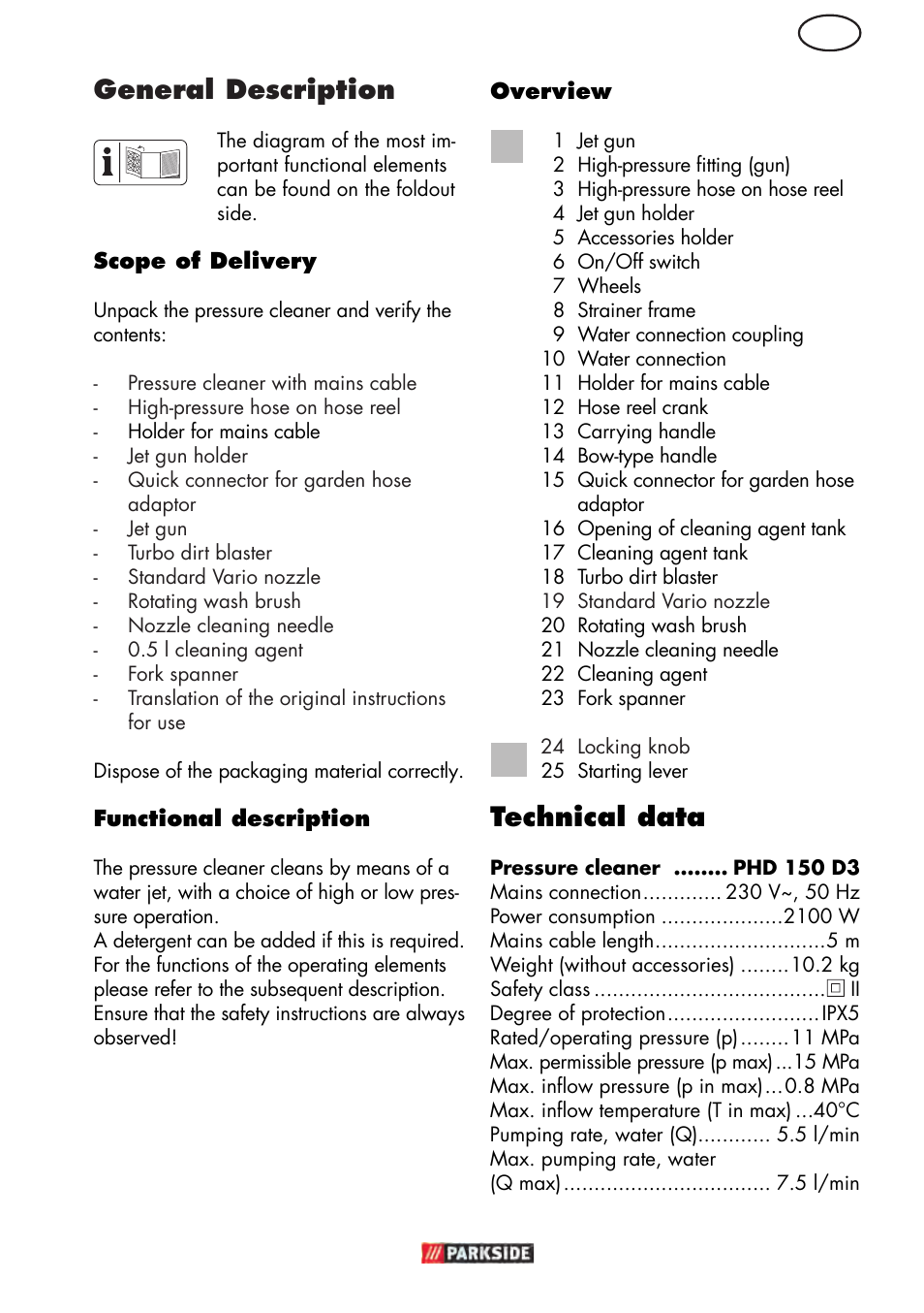 Technical data, General description | Parkside PHD 150 D3 User Manual | Page 5 / 102