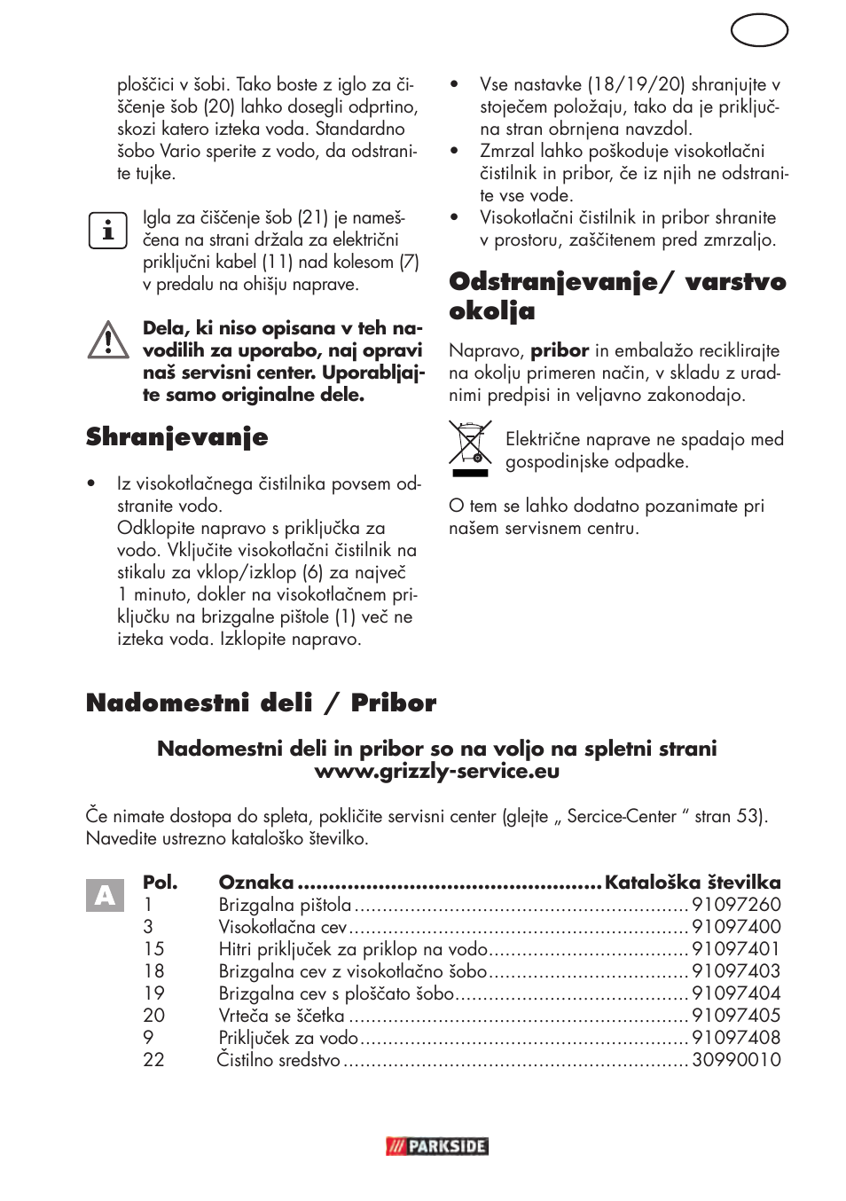 Shranjevanje, Odstranjevanje/ varstvo okolja, Nadomestni deli / pribor | Parkside PHD 150 D3 User Manual | Page 51 / 102
