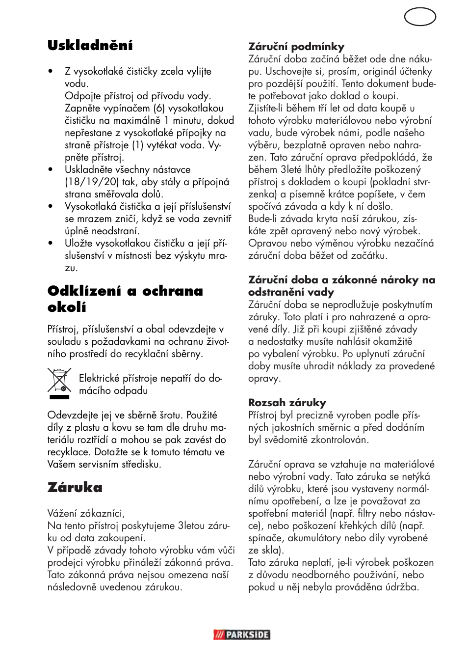 Cz uskladnění, Odklízení a ochrana okolí, Záruka | Parkside PHD 150 D3 User Manual | Page 65 / 102