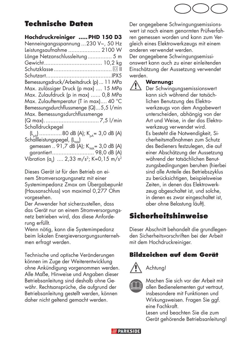 Ch at de technische daten, Sicherheitshinweise | Parkside PHD 150 D3 User Manual | Page 81 / 102