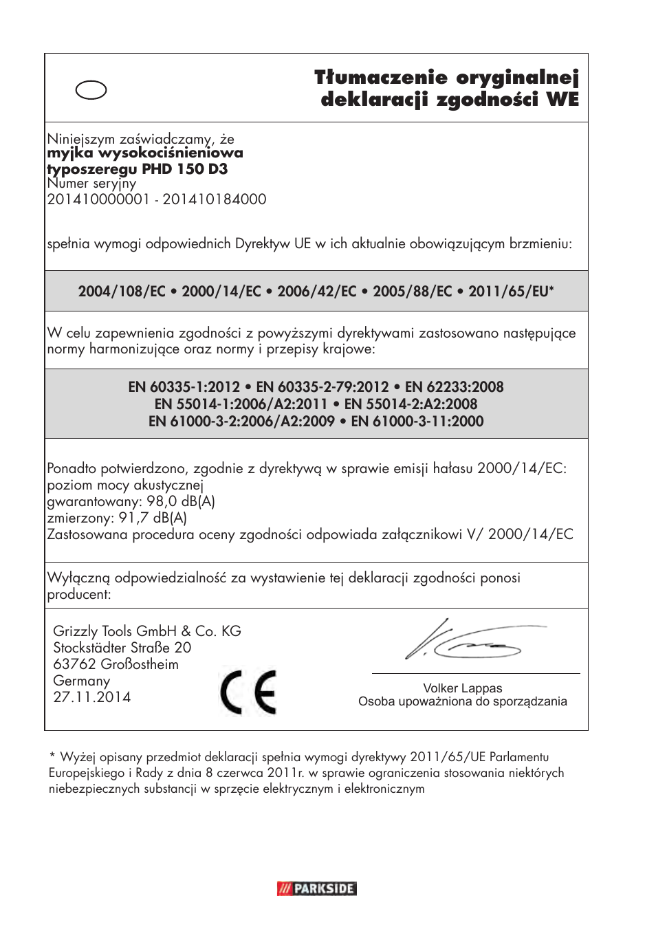 Tłumaczenie oryginalnej deklaracji zgodności we | Parkside PHD 150 D3 User Manual | Page 94 / 102