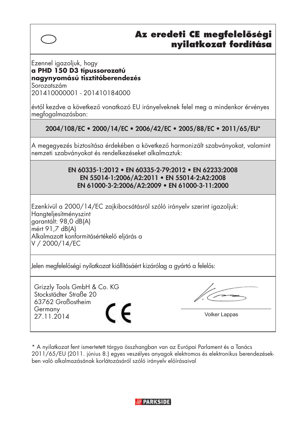 Az eredeti ce megfelelőségi nyilatkozat fordítása | Parkside PHD 150 D3 User Manual | Page 95 / 102