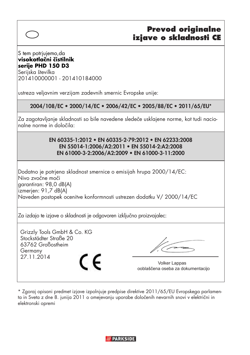 Prevod originalne izjave o skladnosti ce | Parkside PHD 150 D3 User Manual | Page 96 / 102