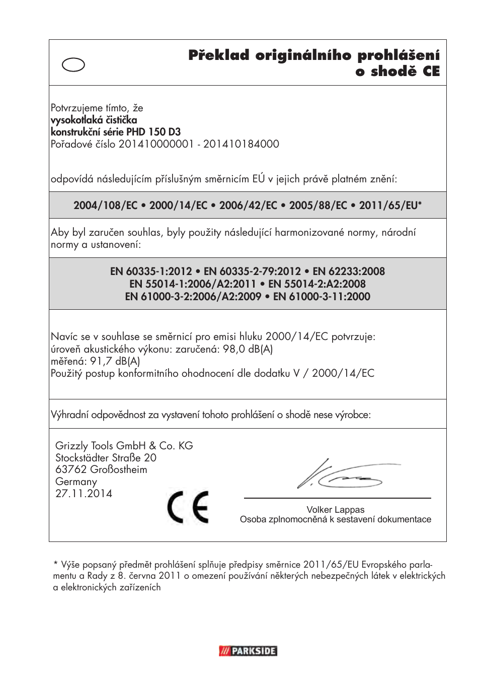 Překlad originálního prohlášení o shodě ce | Parkside PHD 150 D3 User Manual | Page 97 / 102