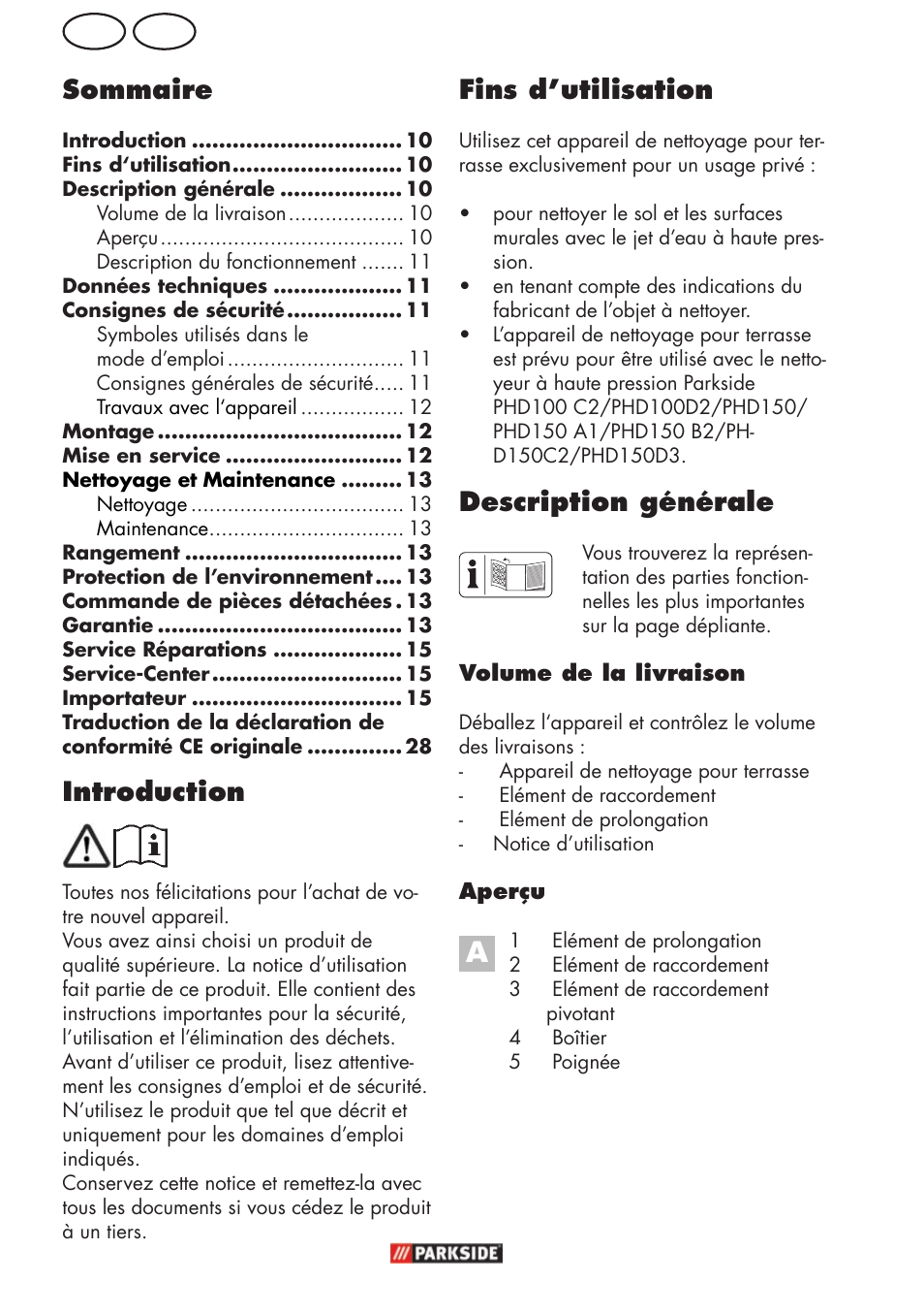 Ch fr fins d’utilisation, Description générale, Introduction | Sommaire | Parkside PFR 30 A1 User Manual | Page 10 / 30