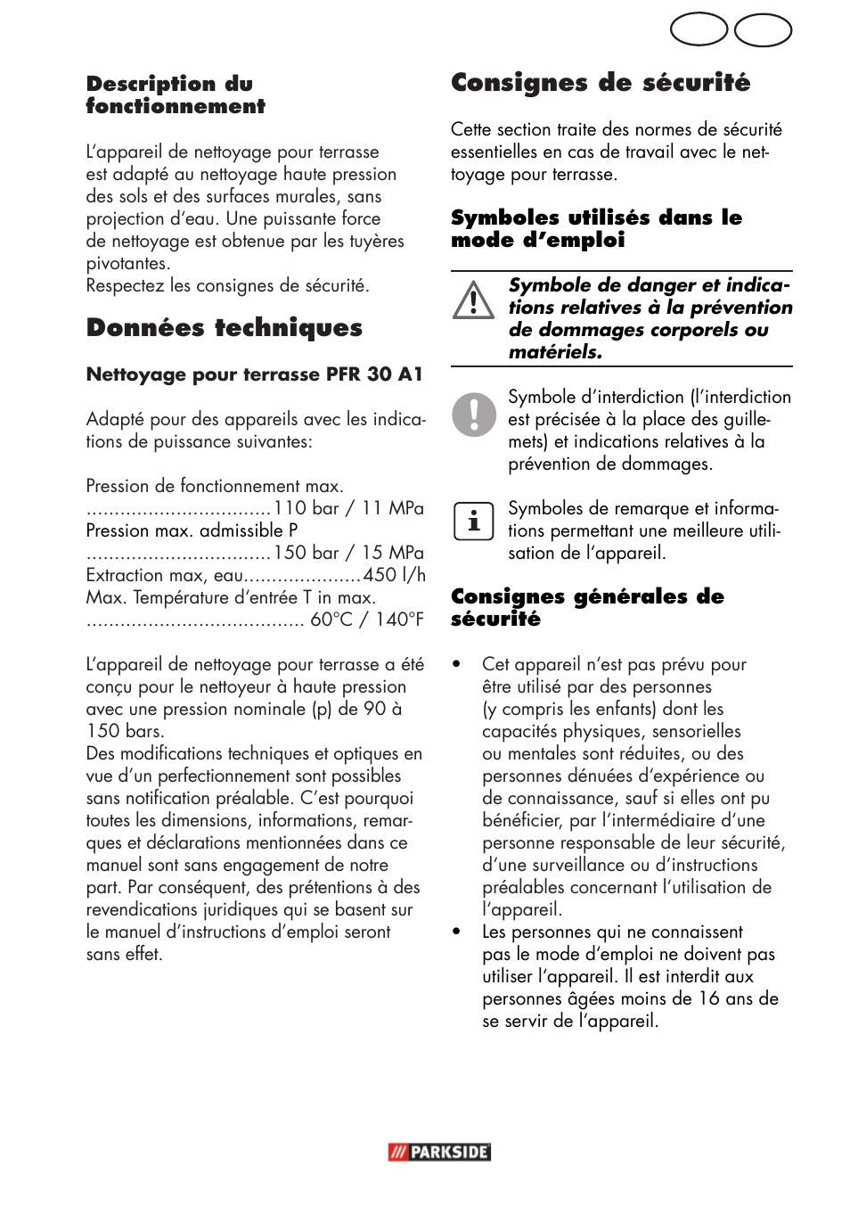 Ch fr consignes de sécurité, Données techniques | Parkside PFR 30 A1 User Manual | Page 11 / 30