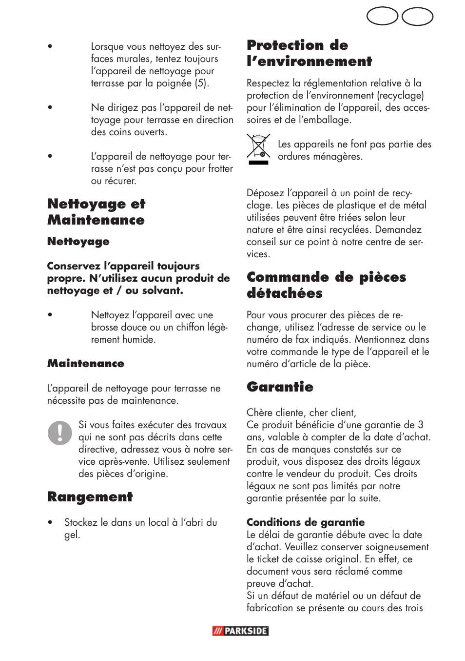 Ch fr, Nettoyage, Et maintenance | Rangement, Protection de l’environnement, Commande de pièces détachées, Garantie | Parkside PFR 30 A1 User Manual | Page 13 / 30